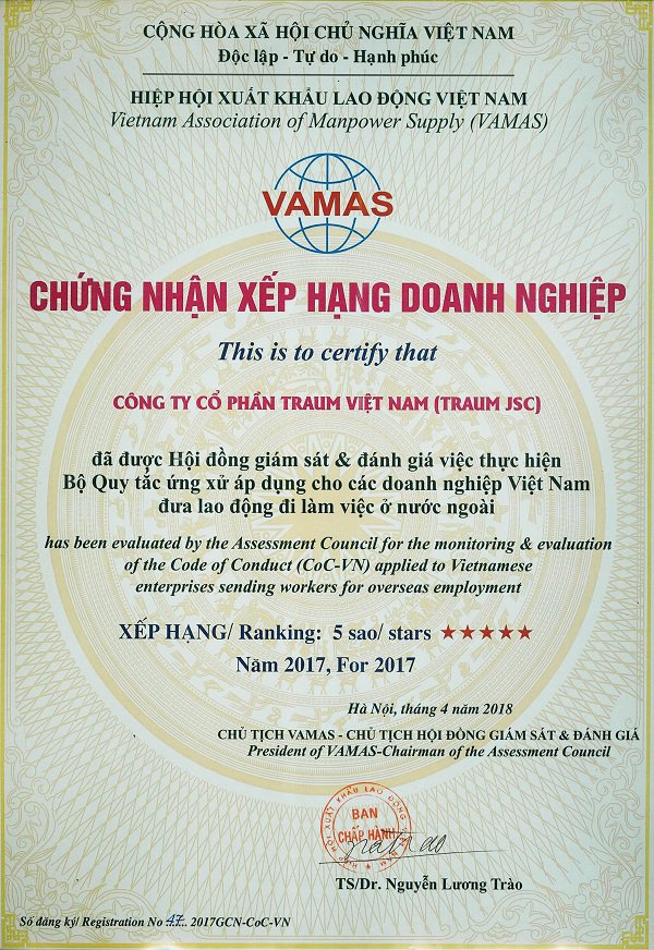 Traum Việt Nam vinh dự xếp hạng 5 sao về thực hiện CoC-VN 2017